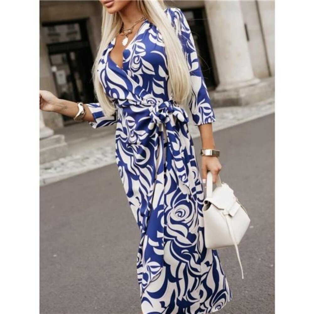 Printed Surplice Long Sleeve Wrap Dress